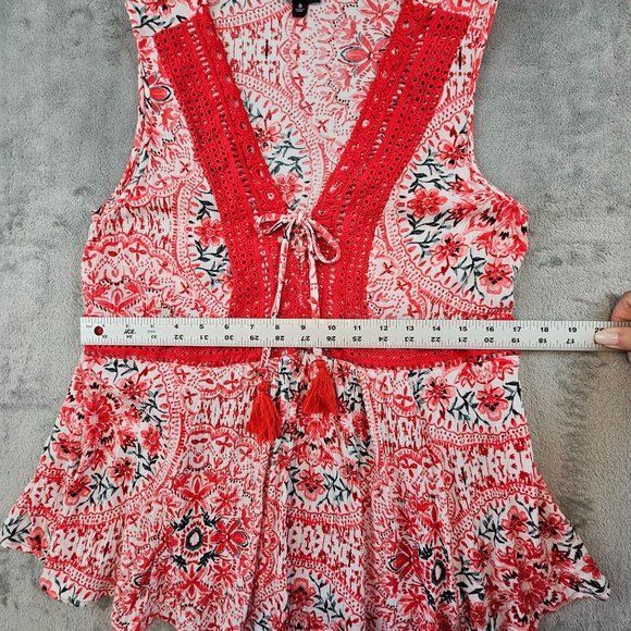 Torrid Top Women's‎ 0/L Multicolor Babydoll Crinkle Gauze Crochet Inset Lace-Up - Picture 6 of 10